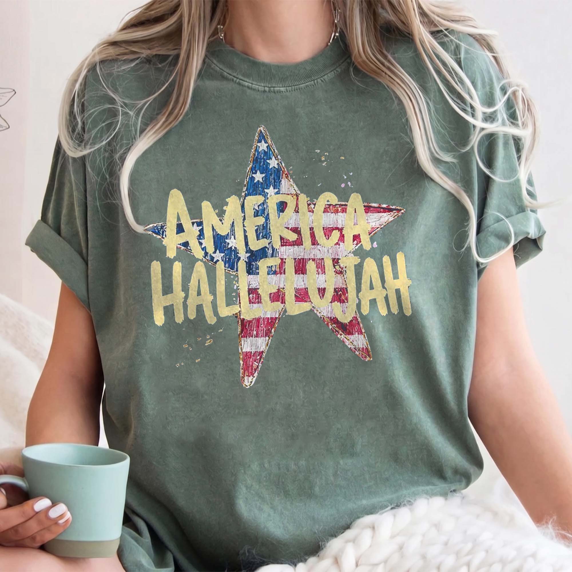 RodyThread America Hallelujah Graphic T-Shirt For Women Western Country Retro Patriotic 4th of July Brown Cotton Summer Festival Top Cowgirl Shirt USA Flag Star Distressed Vintage Tee American Pride Holiday Concert Apparel Outfit