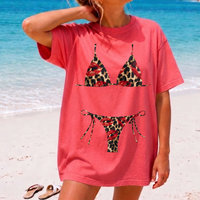 RodyThread Y2K Red Lips Leopard Bikini Graphic Bach Party T Shirt Grunge Aesthetic Swimwear Cheetah Print Triangle Top Two Piece Bride Oversized Tee Trashy Chic Women Bathing Suit Cover Up Shirt Alternative Streetwear