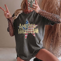 RodyThread America Hallelujah Graphic T-Shirt For Women Western Country Retro Patriotic 4th of July Brown Cotton Summer Festival Top Cowgirl Shirt USA Flag Star Distressed Vintage Tee American Pride Holiday Concert Apparel Outfit