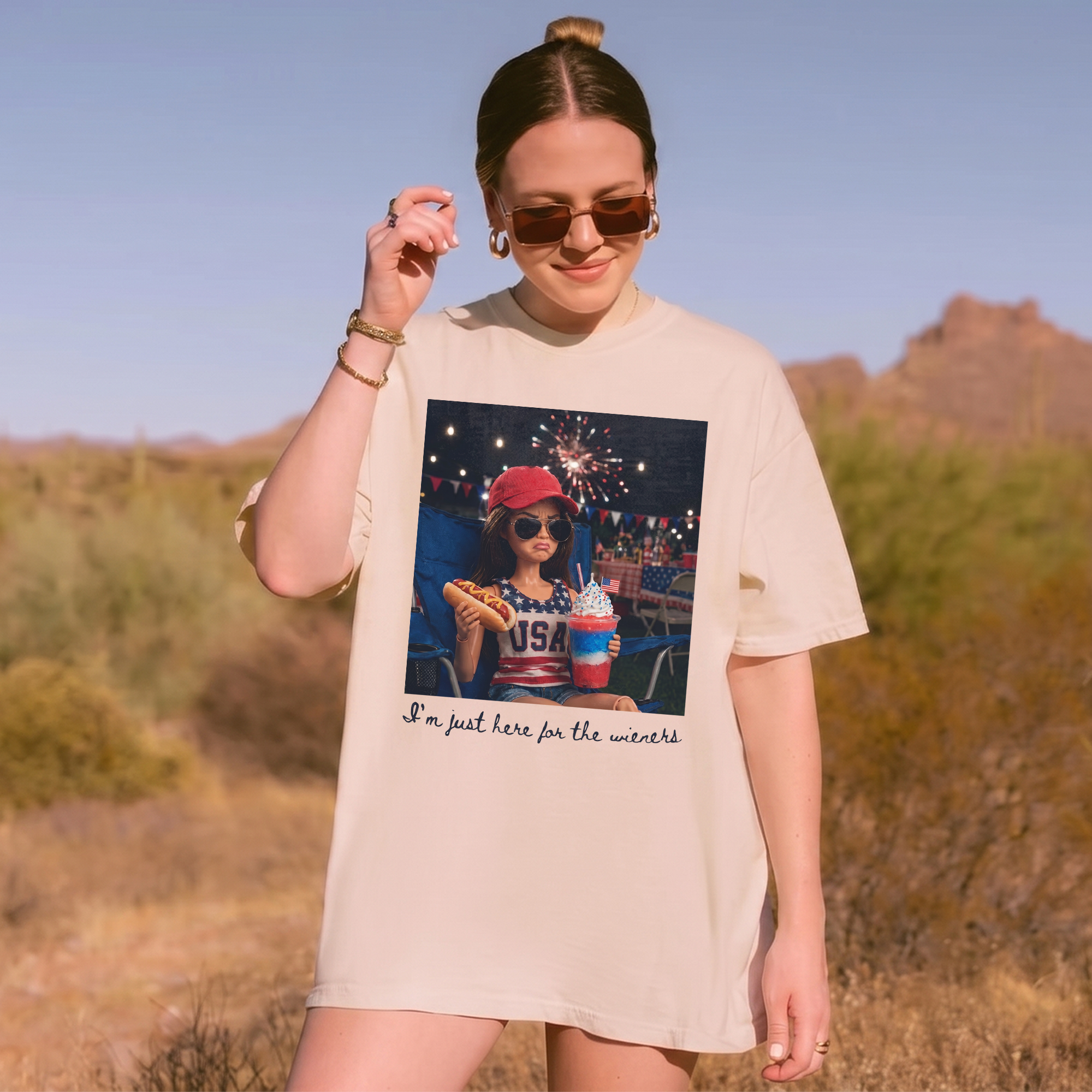 RodyThread Funny I'm Just Here For The Wieners Doll Face Meme Graphic T-Shirt For Women Retro Preppy Summer BBQ Humor Y2K Aesthetic Hot Pink Cotton Tee 4th Of July USA 250th Anniversary Novelty Hot Dog Party Top