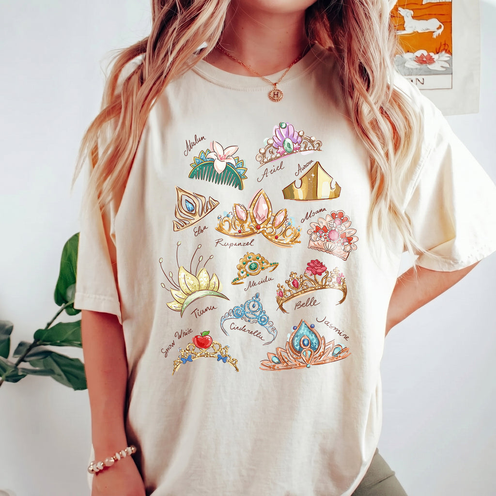 RodyThread Enchanted Tiara Design Shirt Women's Oversized Graphic T-Shirt Vintage Tiara Collection Aesthetic Tee Coquette Dreamy Fairytale Vacation Outfit Soft Cotton Princess Crown Shirt Magic Theme Park Loose Fit Summer Casual Basic Top