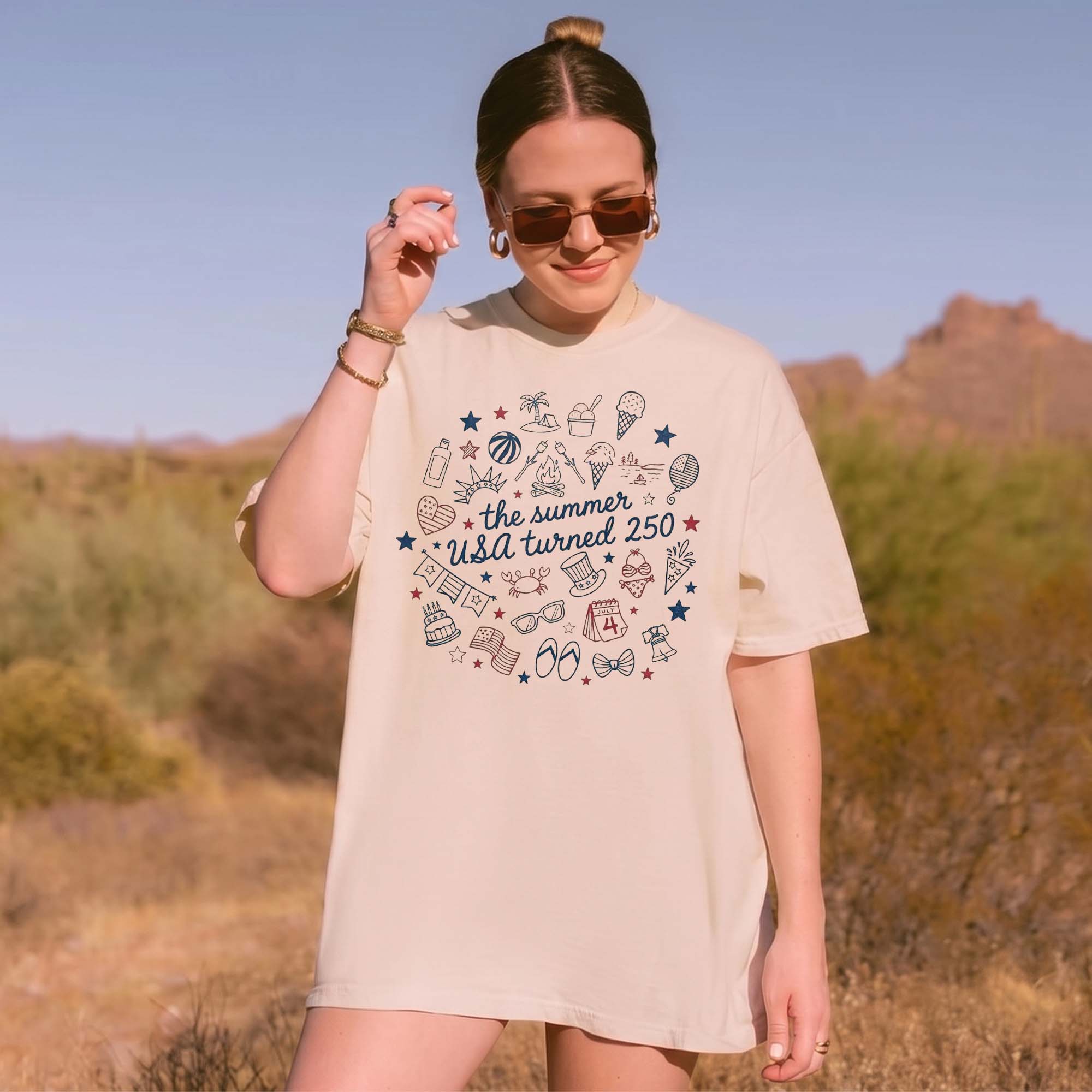 RodyThread The Summer USA Turned 250 T-Shirt Unisex Retro Preppy Americana Cream Cotton Graphic Tee For 4th Of July 2026 Semiquincentennial Celebration Cute Summer Vacation Beach Festival Top Coquette Vintage Independence Day Apparel