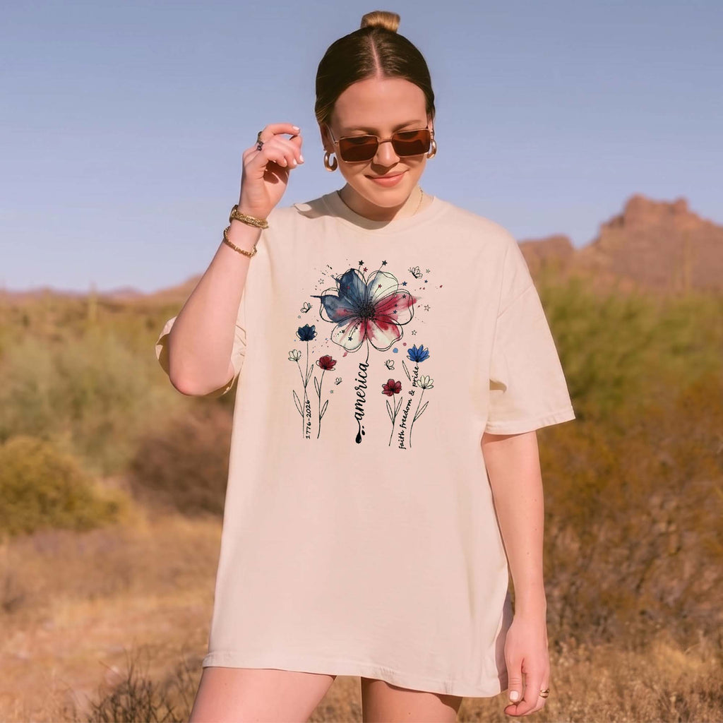 RodyThread USA 250th Anniversary Floral T-Shirt Vintage America 1776-2026 Graphic Tee Patriotic Red White Blue Flower Faith Freedom Pride Sage Green TShirt 4th of July Independence Day Semiquincentennial Women Men Aesthetic Cute Short Sleeve Top