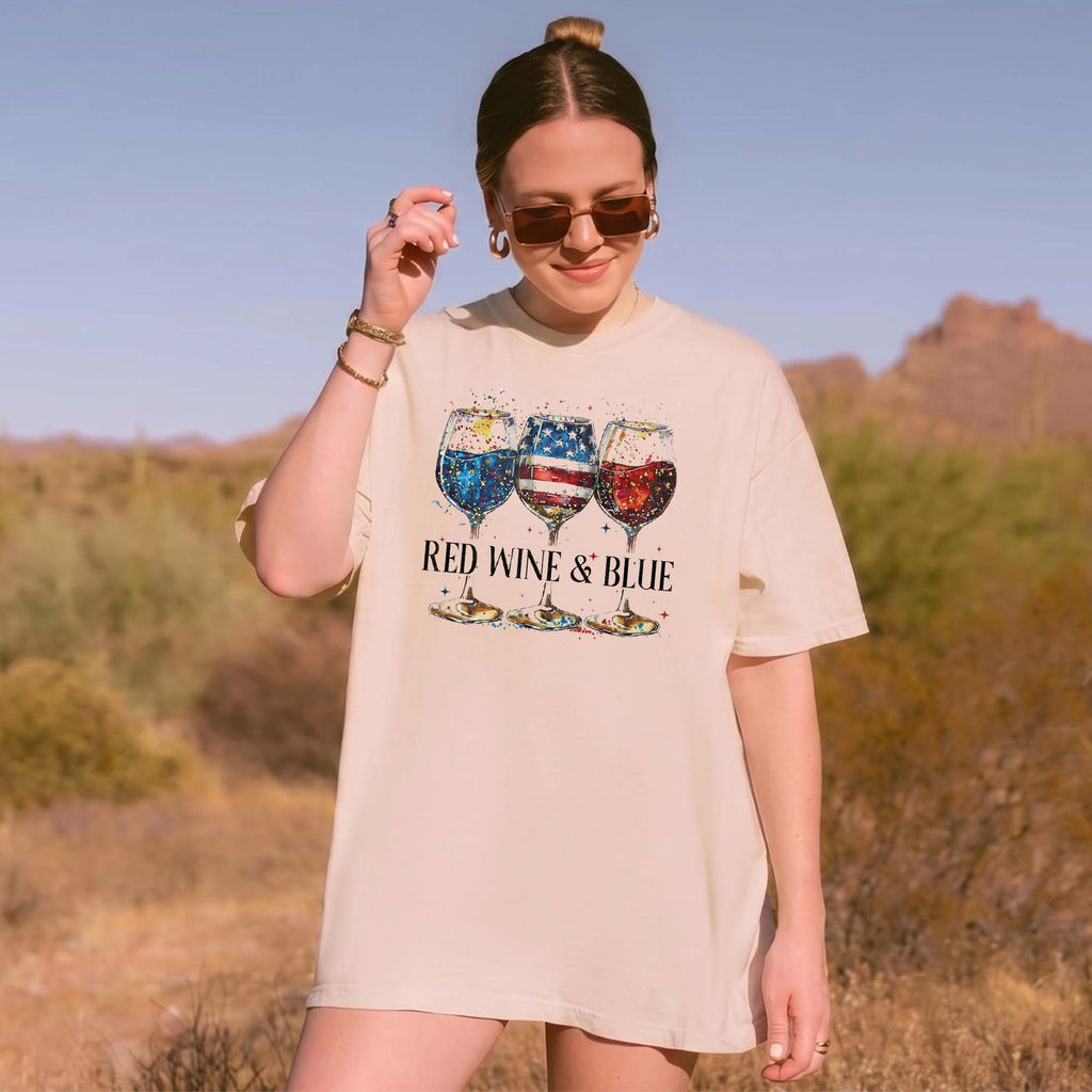 RodyThread Red Wine & Blue Graphic T-Shirt Women's Men's Patriotic Retro Preppy Ivory Cotton Comfort Colors Tee 4th of July USA Flag Memorial Day Wine Lover Drinking Top Independence Day Summer Cookout Apparel Gift