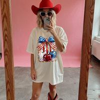 RodyThread Unbranded Shes My Cherry Pie Red White and Blue Oversized Graphic T-Shirt for Women Coquette Country Western Patriotic Vintage Olive Green Cotton Tee 4th of July Independence Day Summer Festival Tops Leopard Print USA Bow Shirt