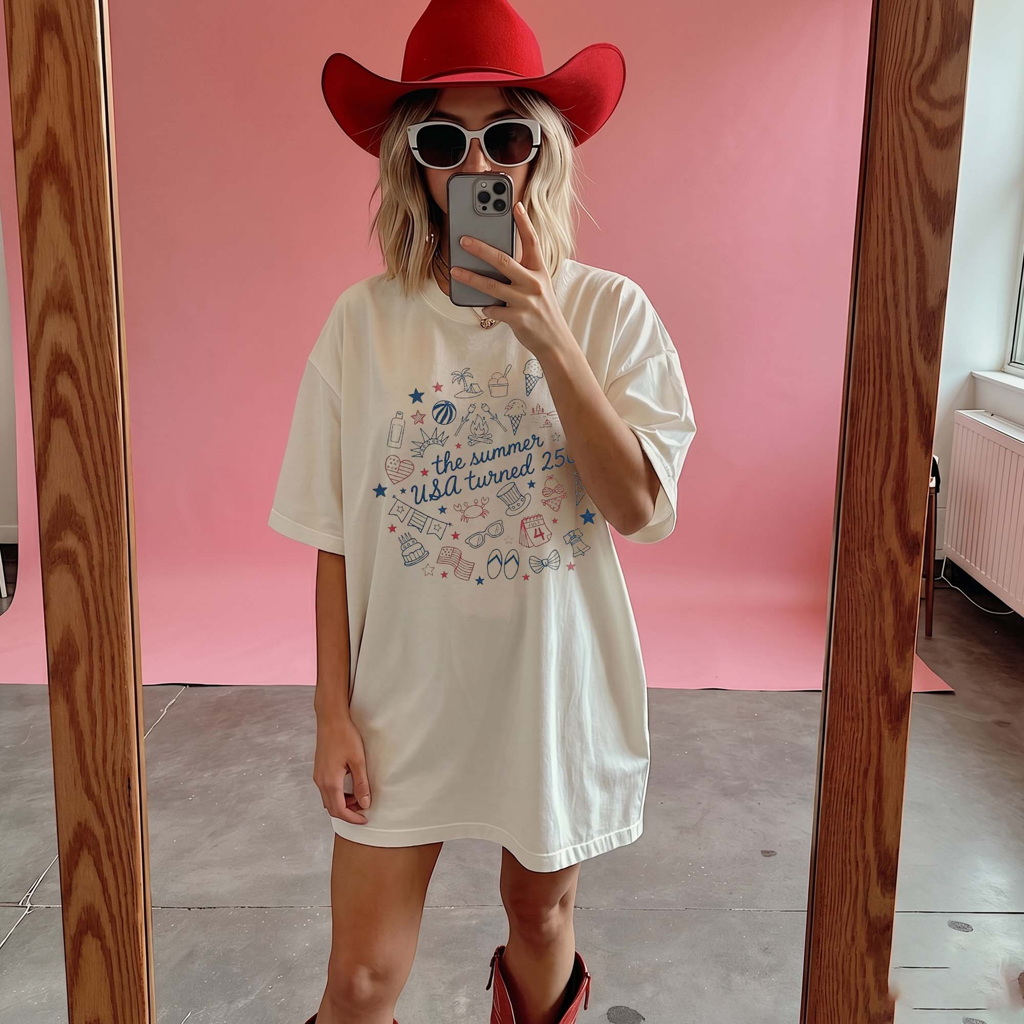 RodyThread The Summer USA Turned 250 T-Shirt Unisex Retro Preppy Americana Cream Cotton Graphic Tee For 4th Of July 2026 Semiquincentennial Celebration Cute Summer Vacation Beach Festival Top Coquette Vintage Independence Day Apparel
