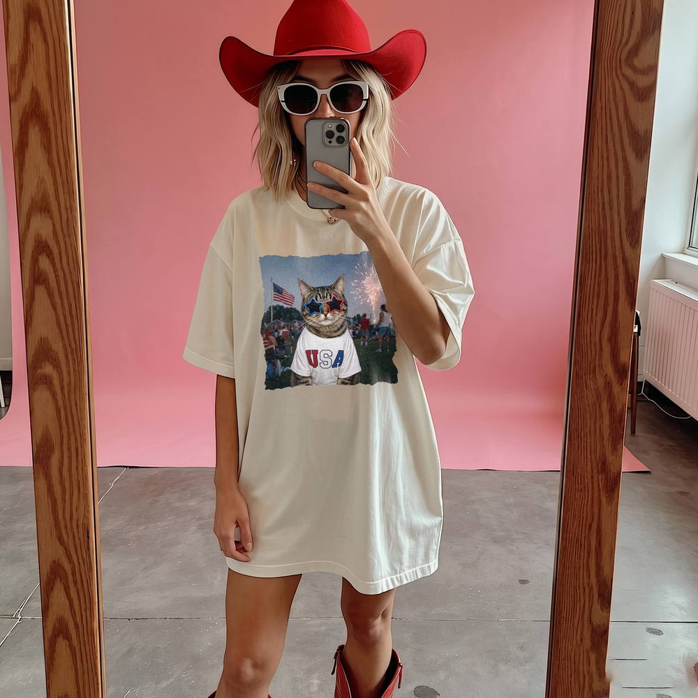 RodyThread Patriotic Cat Shirt Funny American Cat Graphic Tee Unisex Retro USA Meme T-Shirt Vintage 4th of July Independence Day Oversized Cream Cotton Top America 250 Apparel Summer Festival Party Coquette Western Aesthetic Outfit