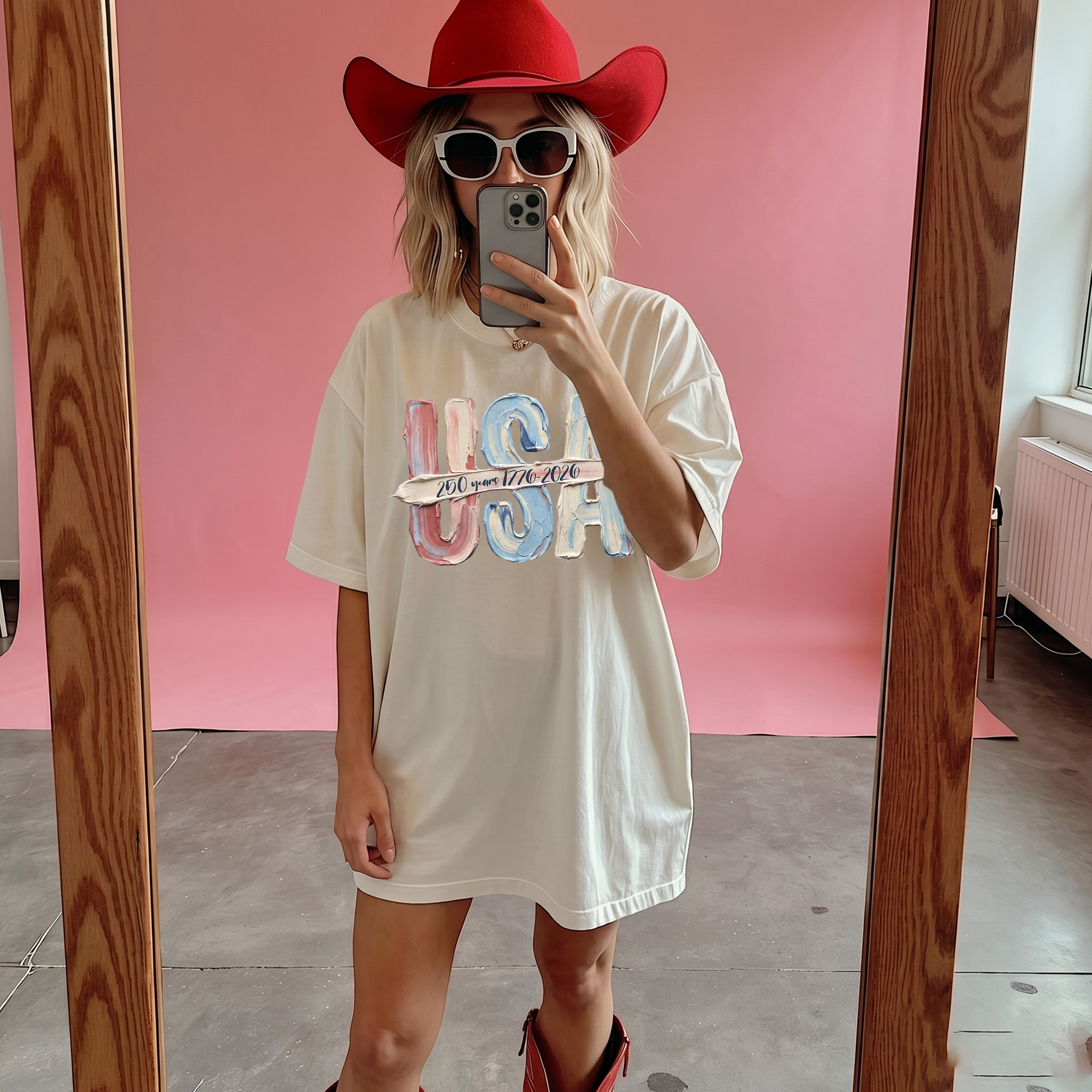 RodyThread Graphic DTG Print T Shirt USA Oil Painting Effect Vintage America 250 Years 1776 2026 Tee Patriotic Red White Blue 3D Impasto Thick Paint Art Brown Pepper T-Shirt 4th of July Independence Day Semiquincentennial Women Men Casual Top