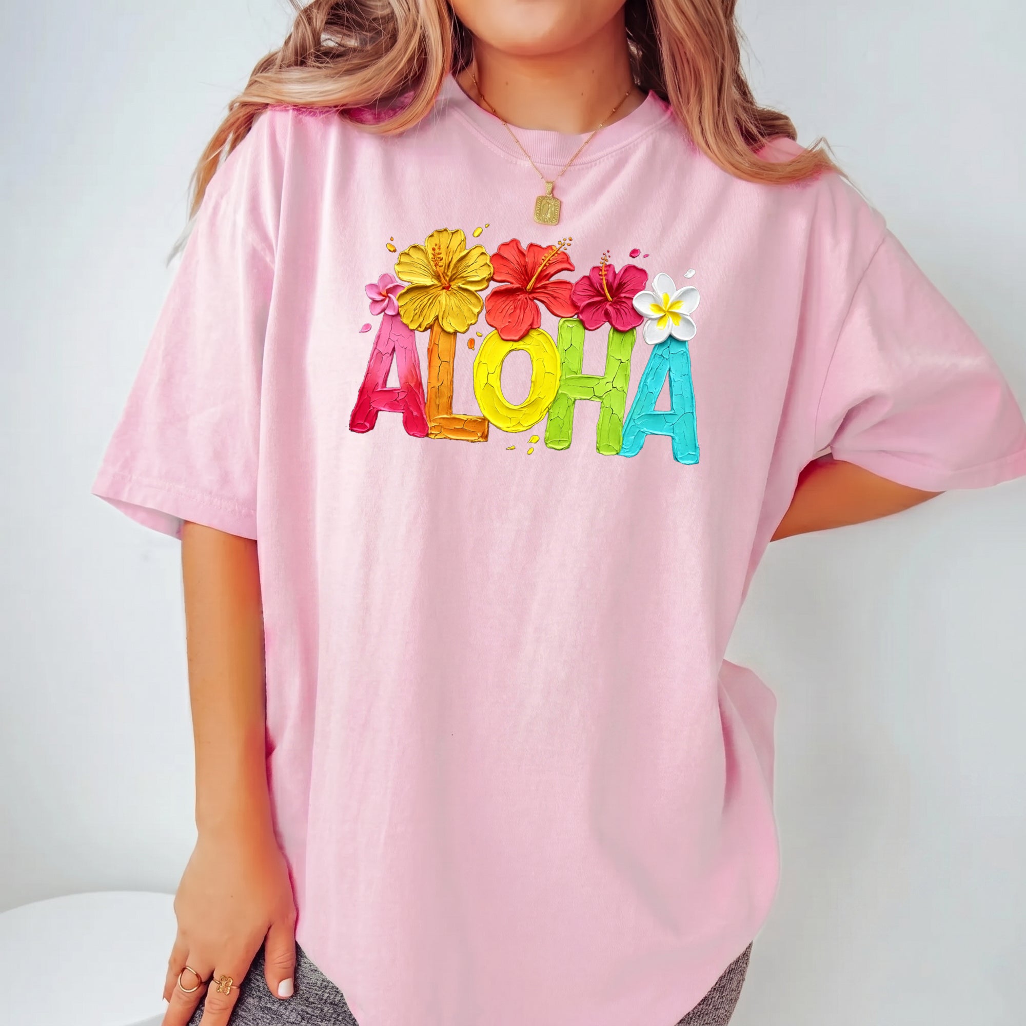 RodyThread Aloha Hawaii Floral Brushstroke Graphic T-Shirt For Women Tropical Beach Vacation Preppy Aesthetic White Cotton Blend Tee Hello Summer Travel Essentials Beach Lover Gift Hibiscus Flower Casual Daily Wear Short Sleeve Top