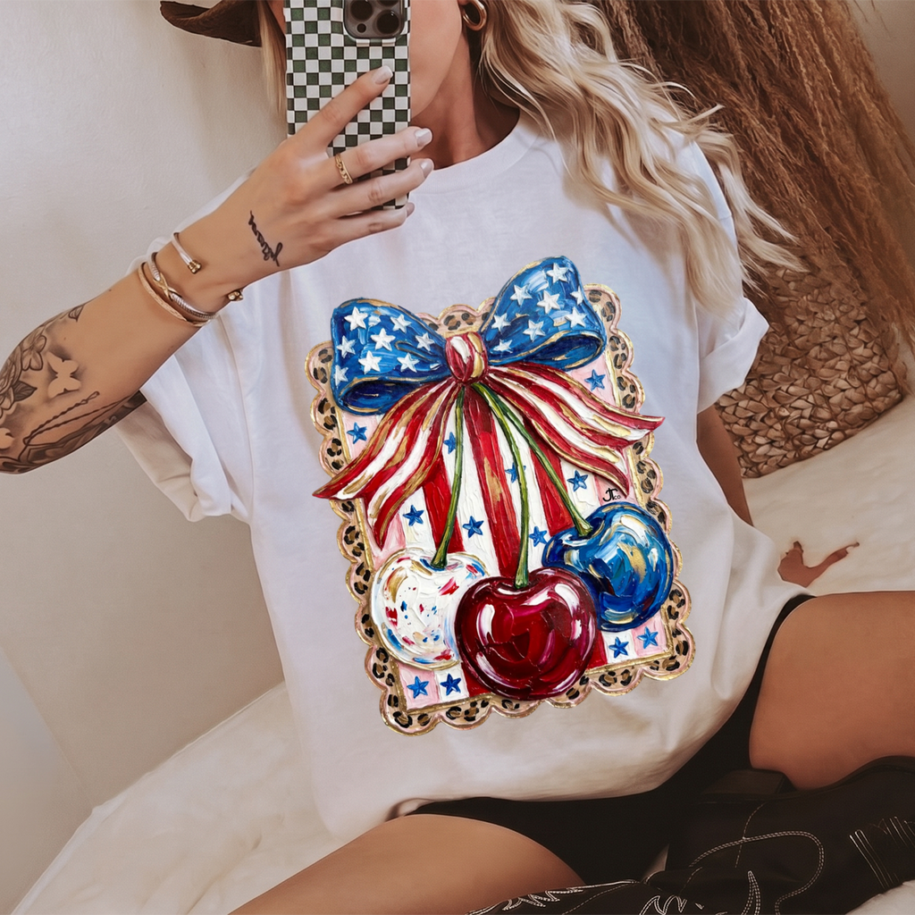RodyThread Unbranded Shes My Cherry Pie Red White and Blue Oversized Graphic T-Shirt for Women Coquette Country Western Patriotic Vintage Olive Green Cotton Tee 4th of July Independence Day Summer Festival Tops Leopard Print USA Bow Shirt