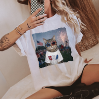 RodyThread Patriotic Cat Shirt Funny American Cat Graphic Tee Unisex Retro USA Meme T-Shirt Vintage 4th of July Independence Day Oversized Cream Cotton Top America 250 Apparel Summer Festival Party Coquette Western Aesthetic Outfit
