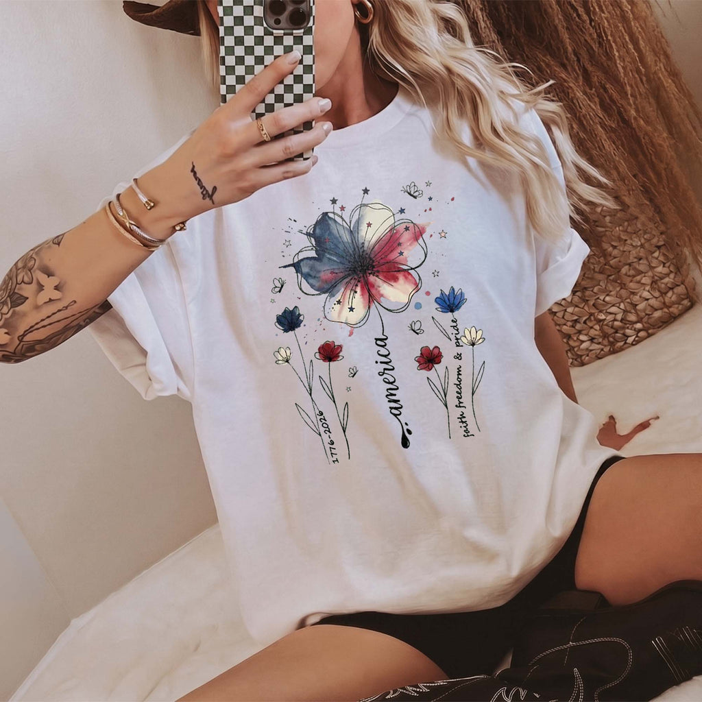 RodyThread USA 250th Anniversary Floral T-Shirt Vintage America 1776-2026 Graphic Tee Patriotic Red White Blue Flower Faith Freedom Pride Sage Green TShirt 4th of July Independence Day Semiquincentennial Women Men Aesthetic Cute Short Sleeve Top