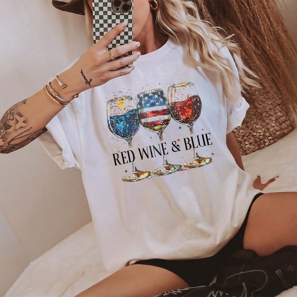RodyThread Red Wine & Blue Graphic T-Shirt Women's Men's Patriotic Retro Preppy Ivory Cotton Comfort Colors Tee 4th of July USA Flag Memorial Day Wine Lover Drinking Top Independence Day Summer Cookout Apparel Gift