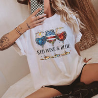 RodyThread Red Wine & Blue Graphic T-Shirt Women's Men's Patriotic Retro Preppy Ivory Cotton Comfort Colors Tee 4th of July USA Flag Memorial Day Wine Lover Drinking Top Independence Day Summer Cookout Apparel Gift