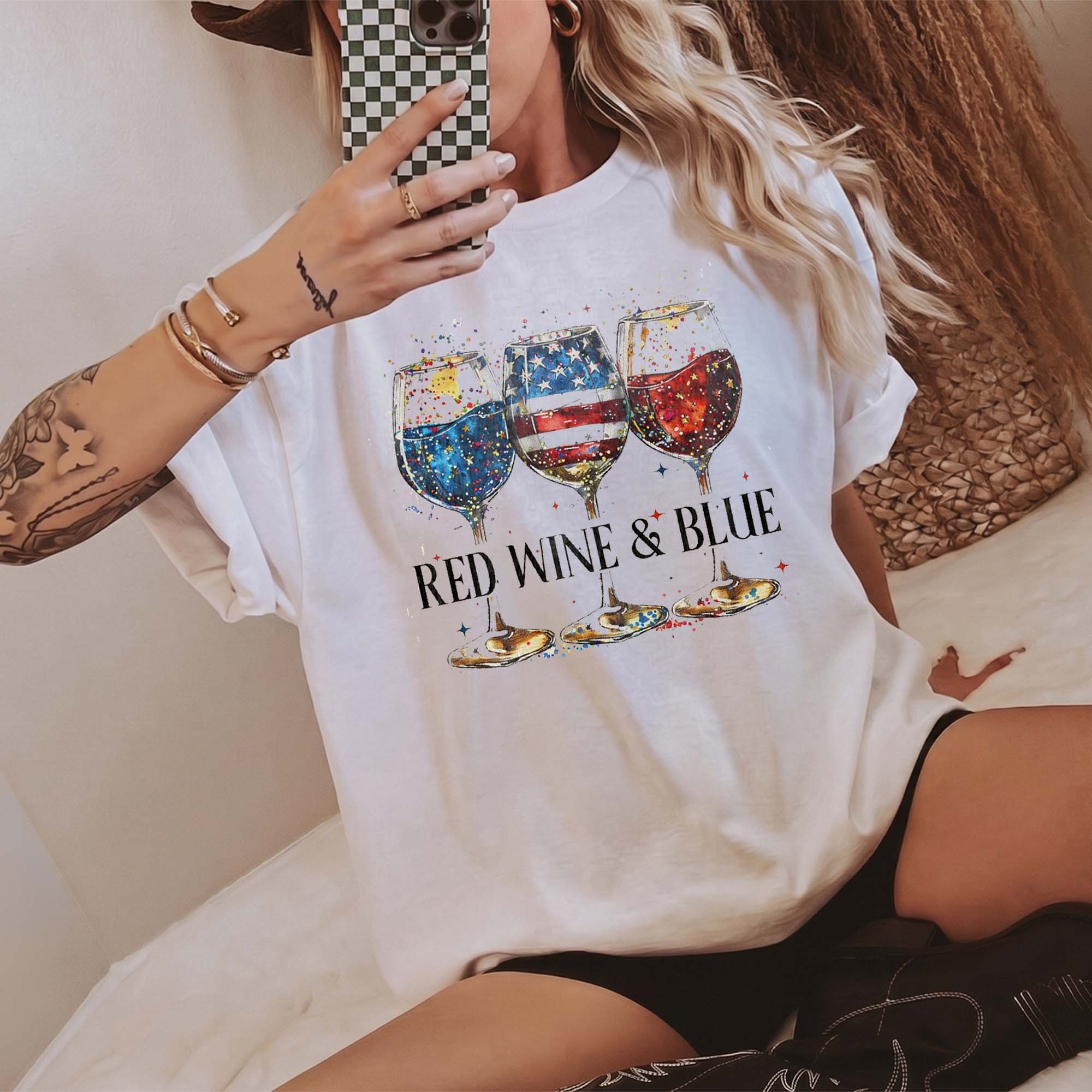 RodyThread Red Wine & Blue Graphic T-Shirt Women's Men's Patriotic Retro Preppy Ivory Cotton Comfort Colors Tee 4th of July USA Flag Memorial Day Wine Lover Drinking Top Independence Day Summer Cookout Apparel Gift