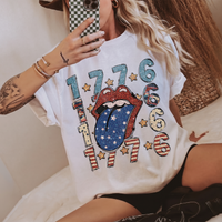 RodyThread Vintage 1776 Patriotic American Flag Tongue Graphic T-Shirt Retro Rock n Roll Fourth of July Oversized Tee Glitter Star Striped Tongue Graphic Shirt Cute Patriotic Top Women Independence Day Country Concert Oversized Top