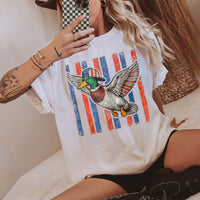 RodyThread Flying Mallard Duck Patriotic 4th Of July Graphic T-Shirt Unisex Men Women Retro Southern Western Aesthetic Cream Cotton Summer Independence Day Waterfowl Hunting Tee Apparel Vintage USA American Flag Country Outdoors Casual Top