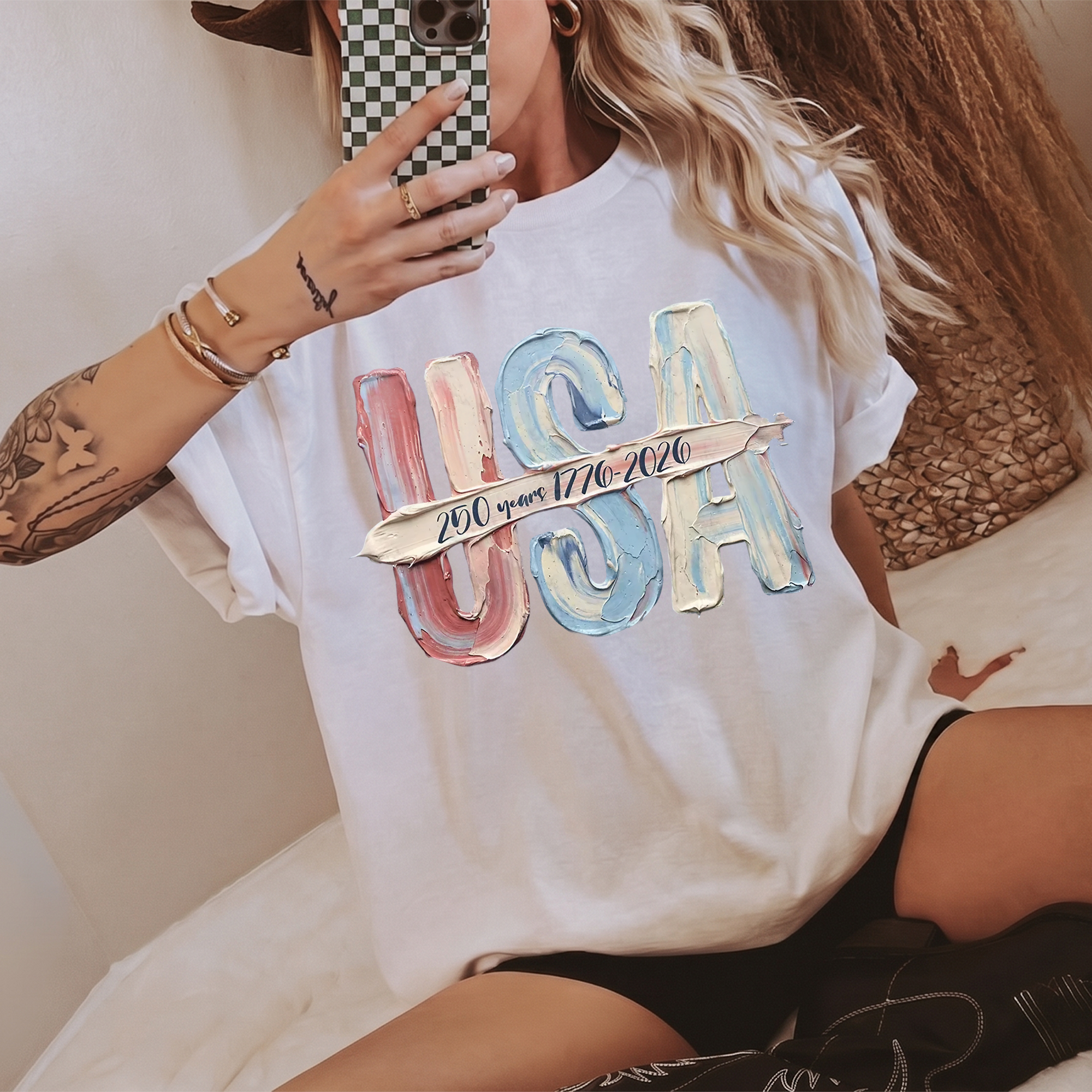 RodyThread Graphic DTG Print T Shirt USA Oil Painting Effect Vintage America 250 Years 1776 2026 Tee Patriotic Red White Blue 3D Impasto Thick Paint Art Brown Pepper T-Shirt 4th of July Independence Day Semiquincentennial Women Men Casual Top
