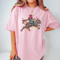 RodyThread Rodeo Leopard Wild Ride Oversized Graphic T-Shirt Women's Retro Western Country Music Festival Chic Cream Cotton Blend Vintage Cowgirl She's A Wild One Graphic Tee Trendy Summer Top Y2K Aesthetic Streetwear Leopard Print Outfit