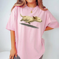 RodyThread Cute Running Dog Graphic Oversized T-Shirt For Women Trendy Vintage Aesthetic Soft Baggy Cotton Cream Tee Casual Streetwear Top Dog Lover Gift Perfect For Dog Walking Outfit Stylish Loose Fit Summer Short Sleeve