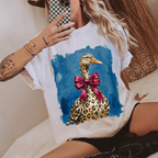 White Leopard Duck With Red Bow Graphic Tee shown in mirror selfie holding green checkered phone.