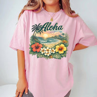 RodyThread Vintage Aloha Hawaii Summer Tropical Beach Graphic Tee Women's Retro Island Vacation Aesthetic Ivory Cotton Blend Short Sleeve T-Shirt Hibiscus Floral Print Summer Holiday Travel Outfit Casual Top Beachwear