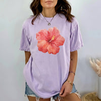 RodyThread Premium Hibiscus Flower Y2K Shirt Graphic Tee For Women Coastal Vintage Summer Aesthetic Charcoal Gray Cotton Blend Hawaii Vacation Beach Top Trendy Oversized Loose Fit Casual Clothes Gift For Her Summervibes Holiday Vacation Apparel