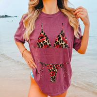 RodyThread Y2K Red Lips Leopard Bikini Graphic Bach Party T Shirt Grunge Aesthetic Swimwear Cheetah Print Triangle Top Two Piece Bride Oversized Tee Trashy Chic Women Bathing Suit Cover Up Shirt Alternative Streetwear