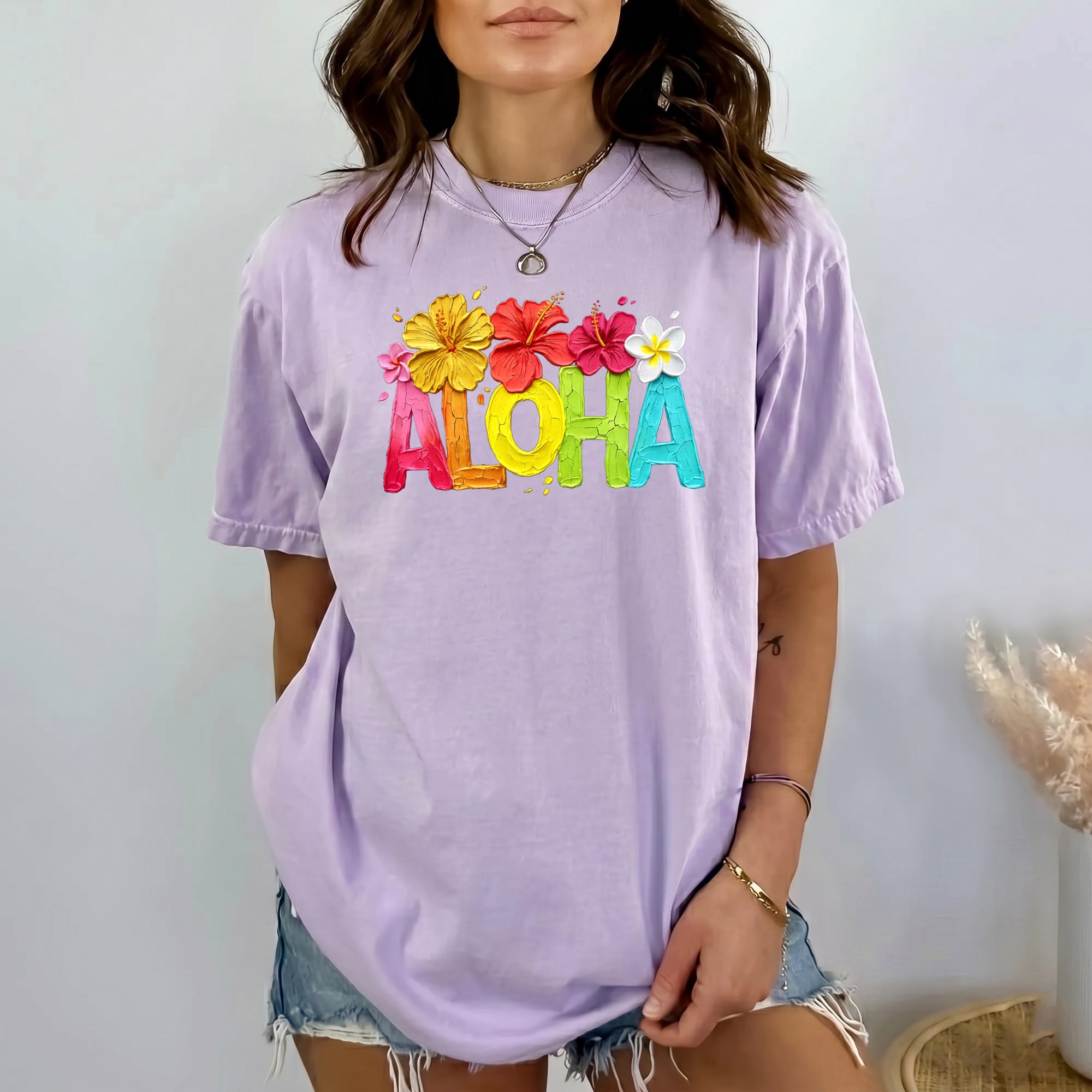 RodyThread Aloha Hawaii Floral Brushstroke Graphic T-Shirt For Women Tropical Beach Vacation Preppy Aesthetic White Cotton Blend Tee Hello Summer Travel Essentials Beach Lover Gift Hibiscus Flower Casual Daily Wear Short Sleeve Top
