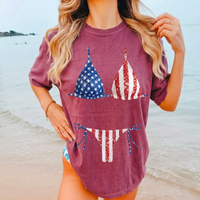 Funny American Flag Bikini Body Graphic Oversized T-Shirt Bride Beach Cover Up For Women Preppy Lake Days Western Summer Retro Blue Cotton Tee 4th of July Independence Day Bach Party Swimsuit Illusion Patriotic Apparel