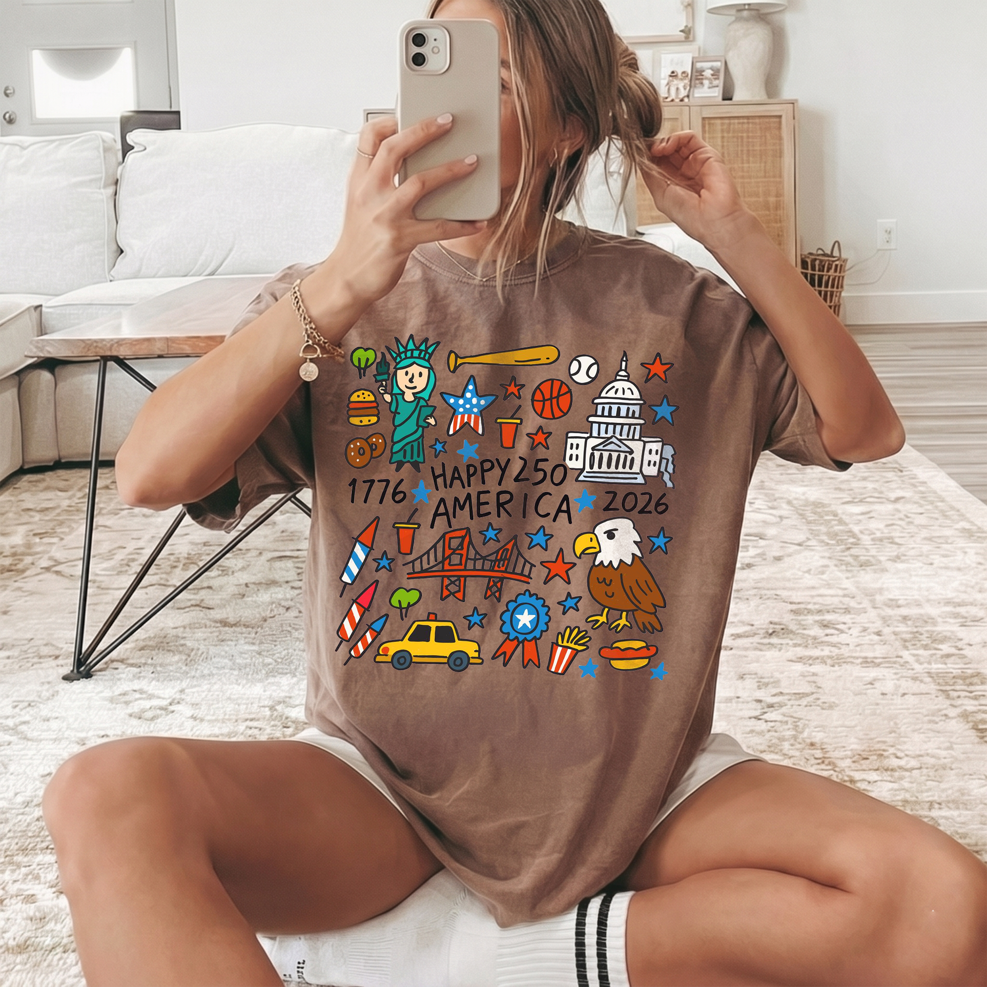 RodyThread Happy 250 America Shirt 1776 to 2026 USA Eagle Doodle Graphic Art Tee July 4th Independence Day Sweatshirt & USA Icons T Shirt for Women Men Cute Fourth of July Semiquincentennial Patriotic Oversized T-Shirt