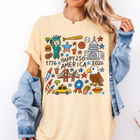 RodyThread Happy 250 America Shirt 1776 to 2026 USA Eagle Doodle Graphic Art Tee July 4th Independence Day Sweatshirt & USA Icons T Shirt for Women Men Cute Fourth of July Semiquincentennial Patriotic Oversized T-Shirt