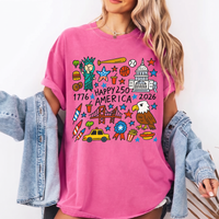 RodyThread Happy 250 America Shirt 1776 to 2026 USA Eagle Doodle Graphic Art Tee July 4th Independence Day Sweatshirt & USA Icons T Shirt for Women Men Cute Fourth of July Semiquincentennial Patriotic Oversized T-Shirt
