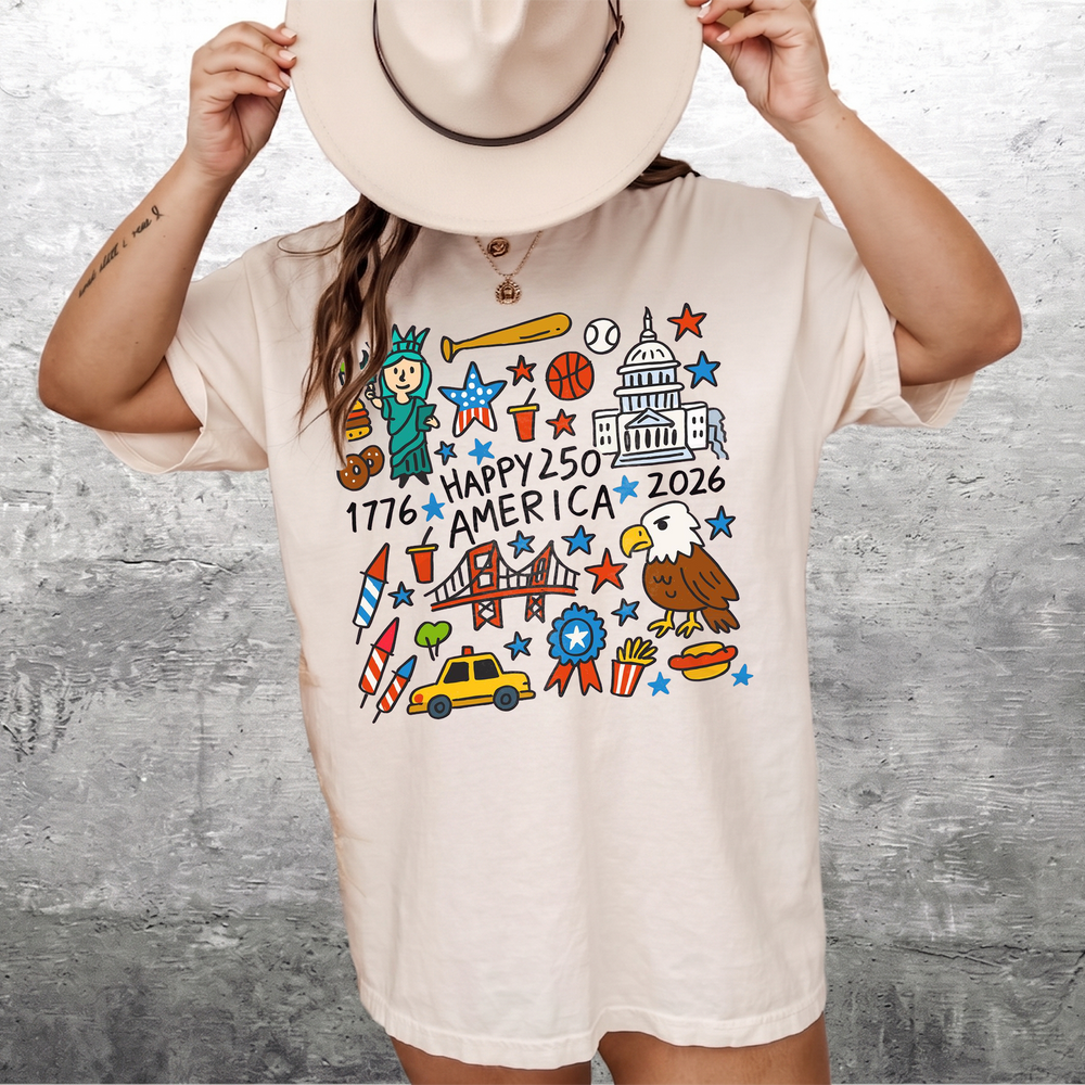 RodyThread Happy 250 America Shirt 1776 to 2026 USA Eagle Doodle Graphic Art Tee July 4th Independence Day Sweatshirt & USA Icons T Shirt for Women Men Cute Fourth of July Semiquincentennial Patriotic Oversized T-Shirt
