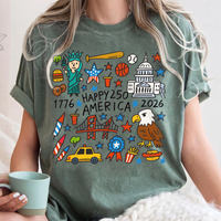 RodyThread Happy 250 America Shirt 1776 to 2026 USA Eagle Doodle Graphic Art Tee July 4th Independence Day Sweatshirt & USA Icons T Shirt for Women Men Cute Fourth of July Semiquincentennial Patriotic Oversized T-Shirt