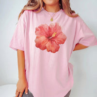 RodyThread Premium Hibiscus Flower Y2K Shirt Graphic Tee For Women Coastal Vintage Summer Aesthetic Charcoal Gray Cotton Blend Hawaii Vacation Beach Top Trendy Oversized Loose Fit Casual Clothes Gift For Her Summervibes Holiday Vacation Apparel