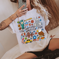 RodyThread Happy 250 America Shirt 1776 to 2026 USA Eagle Doodle Graphic Art Tee July 4th Independence Day Sweatshirt & USA Icons T Shirt for Women Men Cute Fourth of July Semiquincentennial Patriotic Oversized T-Shirt