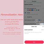 Checkout screen showing instructions on how to add personalization requests and order notes.