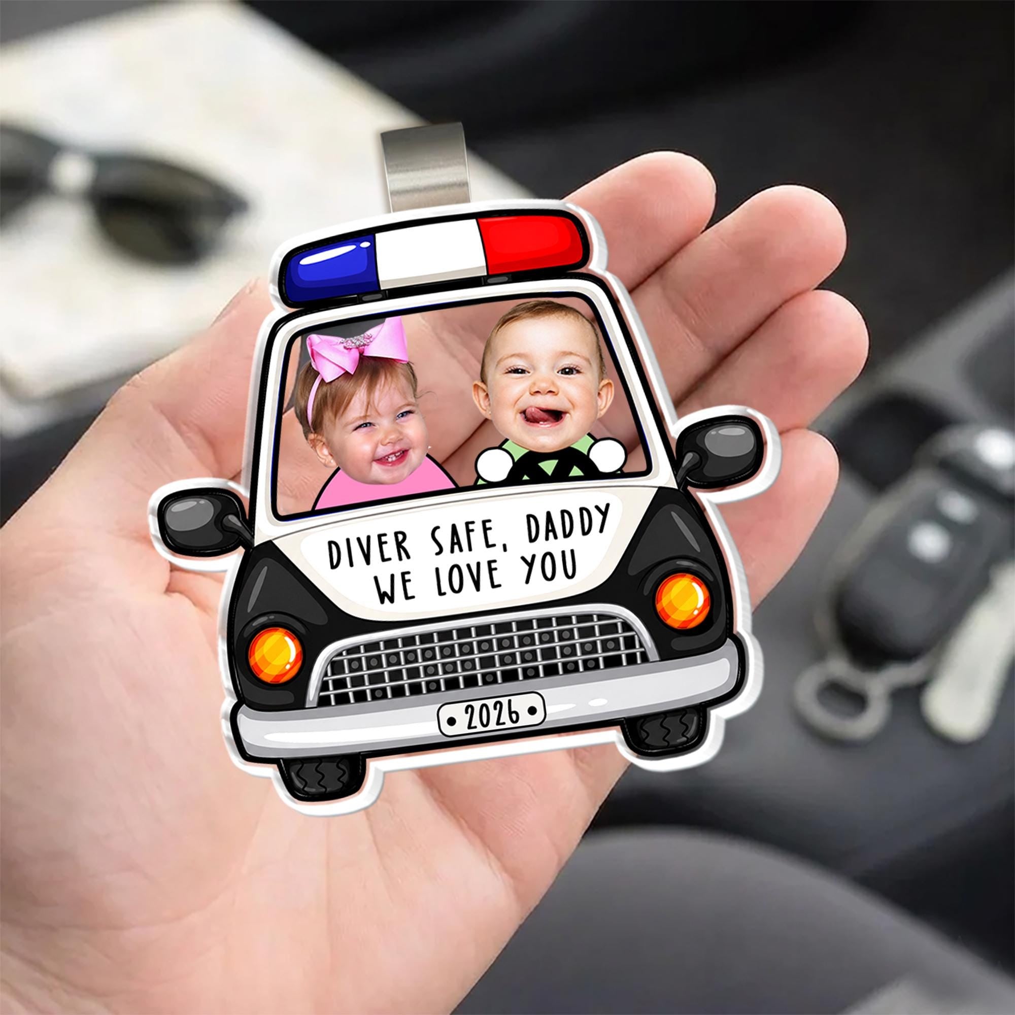 Personalized Police Car Custom Photo Visor Clip Auto Accessory for Dads Fathers Police Officers Cute Sentimental Meaningful Gift Black White Acrylic Sun Visor Decoration Drive Safe Daddy We Love You Picture Ornament Car Interior Decor Idea