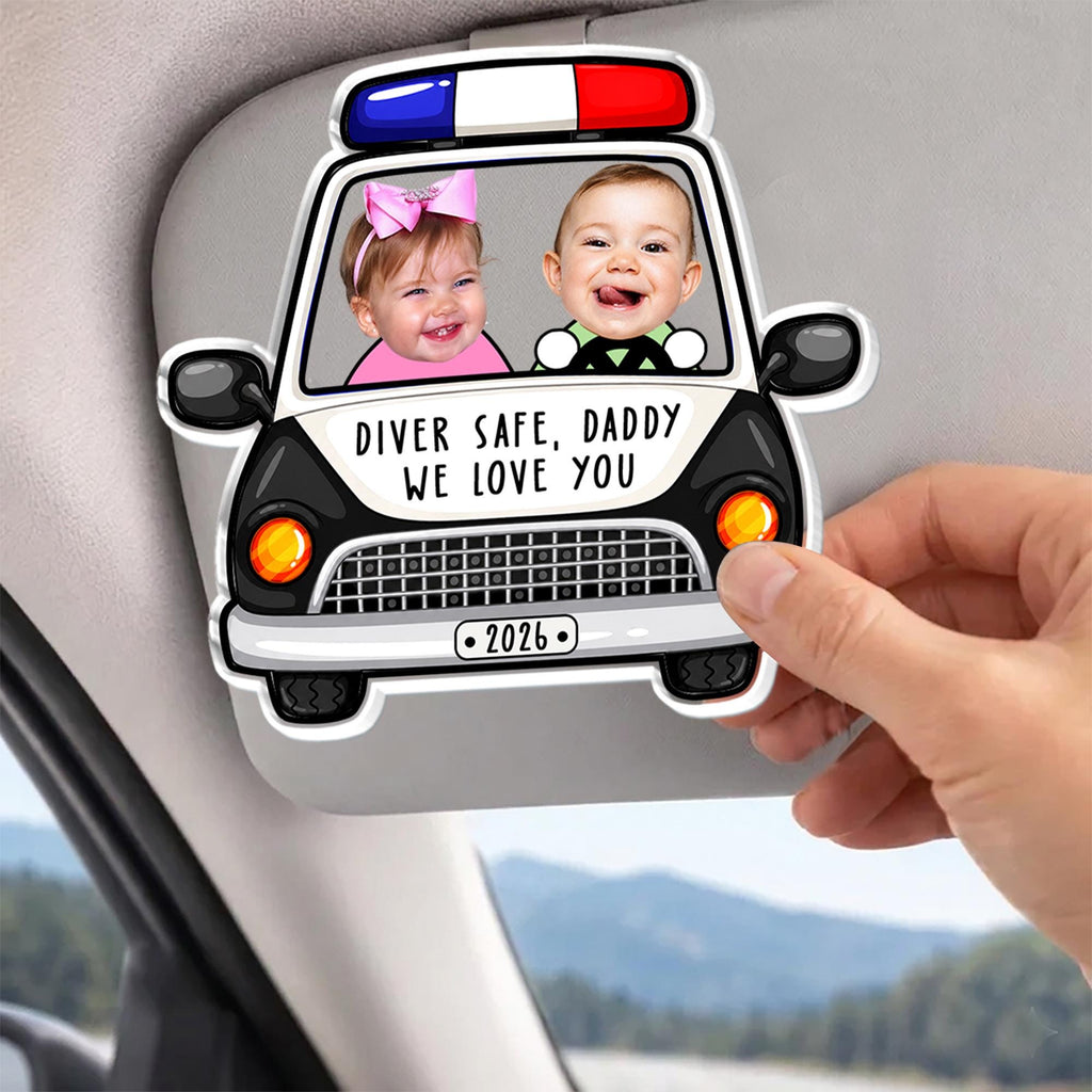 Personalized Police Car Custom Photo Visor Clip Auto Accessory for Dads Fathers Police Officers Cute Sentimental Meaningful Gift Black White Acrylic Sun Visor Decoration Drive Safe Daddy We Love You Picture Ornament Car Interior Decor Idea