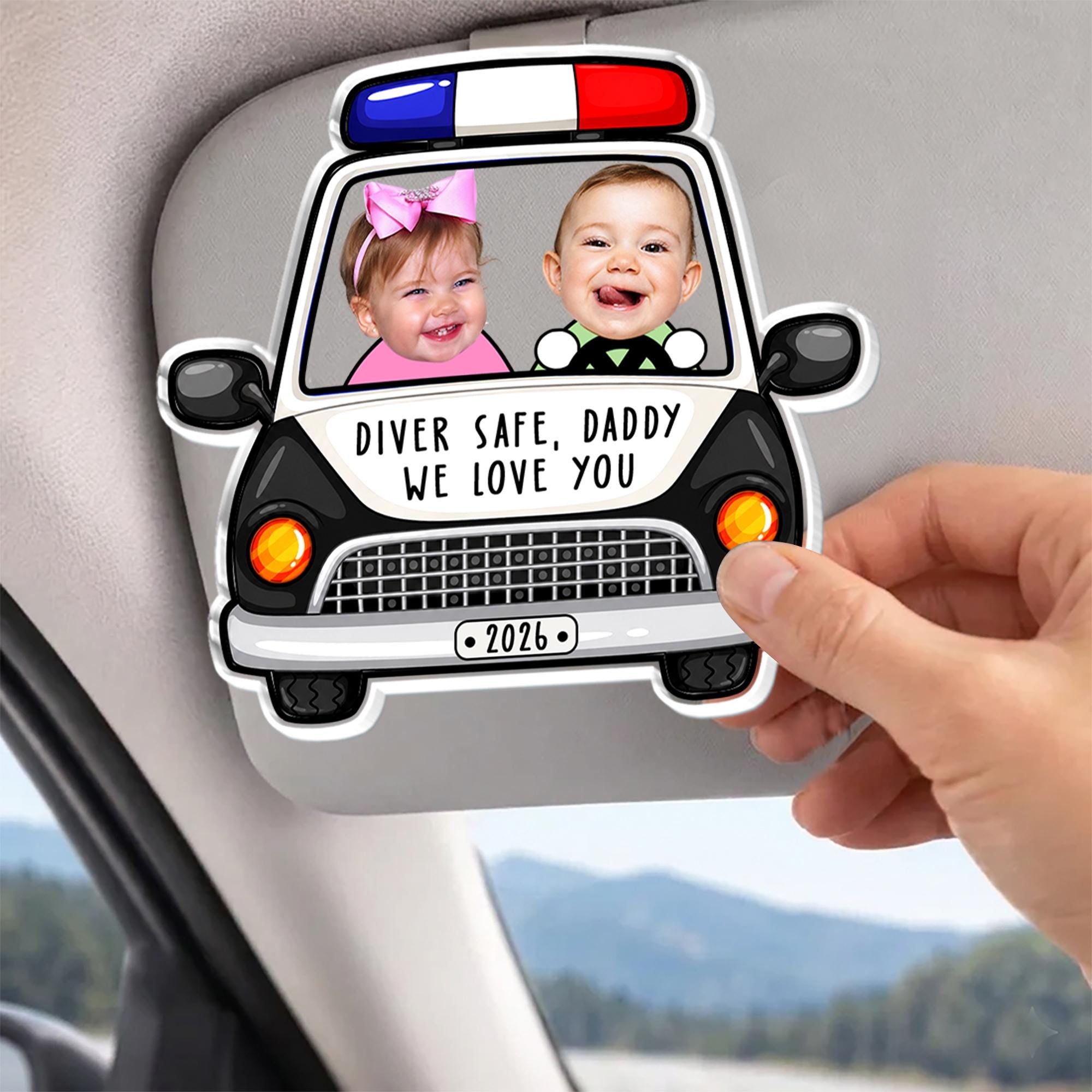 Personalized Police Car Custom Photo Visor Clip Auto Accessory for Dads Fathers Police Officers Cute Sentimental Meaningful Gift Black White Acrylic Sun Visor Decoration Drive Safe Daddy We Love You Picture Ornament Car Interior Decor Idea