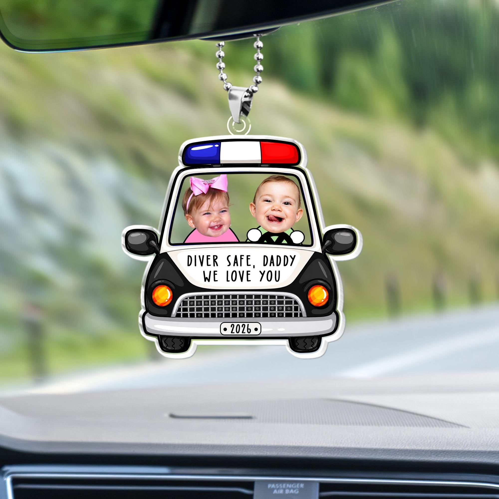Personalized Police Car Custom Photo Visor Clip Auto Accessory for Dads Fathers Police Officers Cute Sentimental Meaningful Gift Black White Acrylic Sun Visor Decoration Drive Safe Daddy We Love You Picture Ornament Car Interior Decor Idea