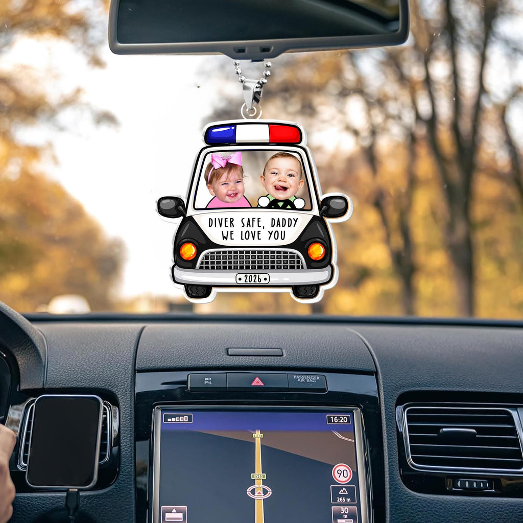 Personalized Police Car Custom Photo Visor Clip Auto Accessory for Dads Fathers Police Officers Cute Sentimental Meaningful Gift Black White Acrylic Sun Visor Decoration Drive Safe Daddy We Love You Picture Ornament Car Interior Decor Idea