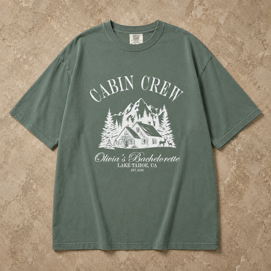 RodyThread Personalized Cabin Crew Matching Bachelorette Shirt Women's Oversized Graphic T-Shirt Outdoorsy Cottagecore Camp Bach Cotton Top Lake Tahoe Bridal Party Last Trail Before The Veil Bride Squad Tee