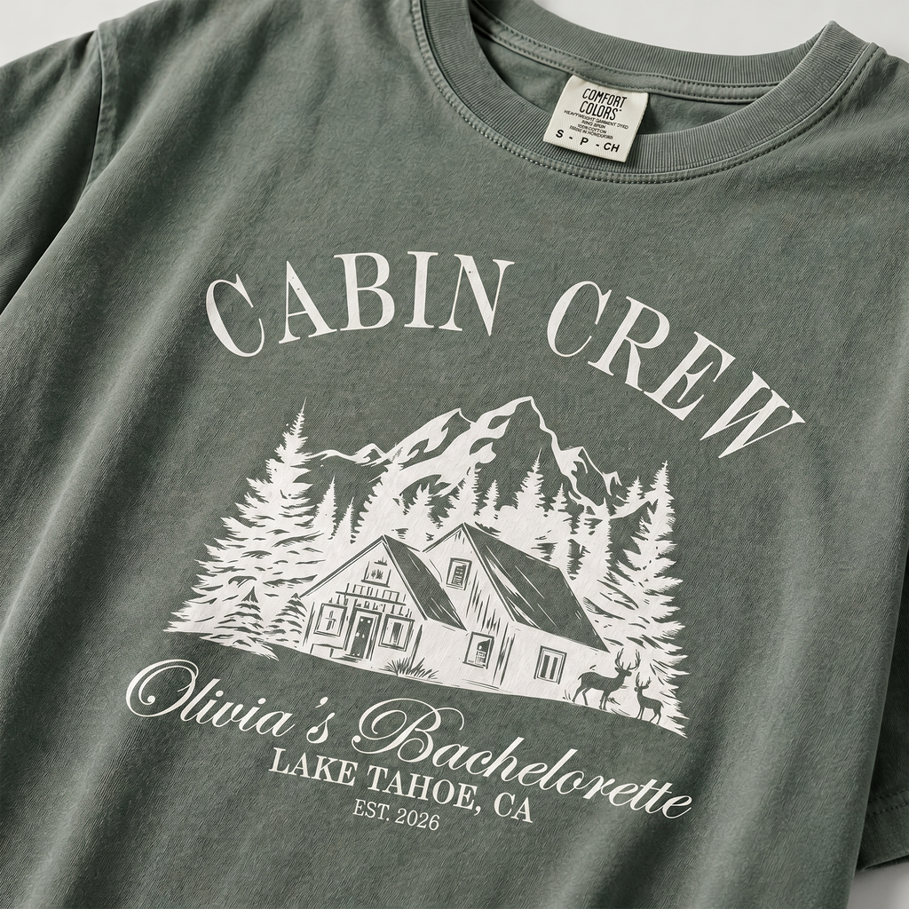 RodyThread Personalized Cabin Crew Matching Bachelorette Shirt Women's Oversized Graphic T-Shirt Outdoorsy Cottagecore Camp Bach Cotton Top Lake Tahoe Bridal Party Last Trail Before The Veil Bride Squad Tee