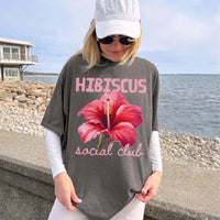 RodyThread Trendy Hibiscus Social Club Graphic Oversized T-Shirt Women Preppy Coconut Girl Aesthetic Coral Pink Cotton Top Tropical Aloha Hawaii Beach Lover Tee Summer Vacation Casual Loose Fit Flower Shirt Japan Okinawa Retro Holiday