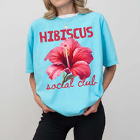 RodyThread Trendy Hibiscus Social Club Graphic Oversized T-Shirt Women Preppy Coconut Girl Aesthetic Coral Pink Cotton Top Tropical Aloha Hawaii Beach Lover Tee Summer Vacation Casual Loose Fit Flower Shirt Japan Okinawa Retro Holiday