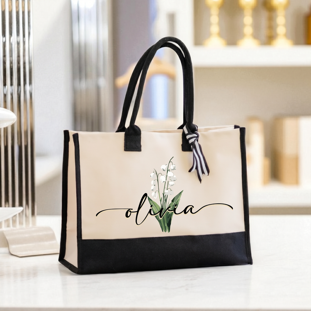 RodyThread Trendy Personalized Custom Birth Month Flower Name Canvas Tote Bag For Women Preppy Coquette Botanical Aesthetic Beige Black Canvas Birthday Gift Monogram Reusable Shopper Shoulder Bag Summer Travel Vacation Accessories