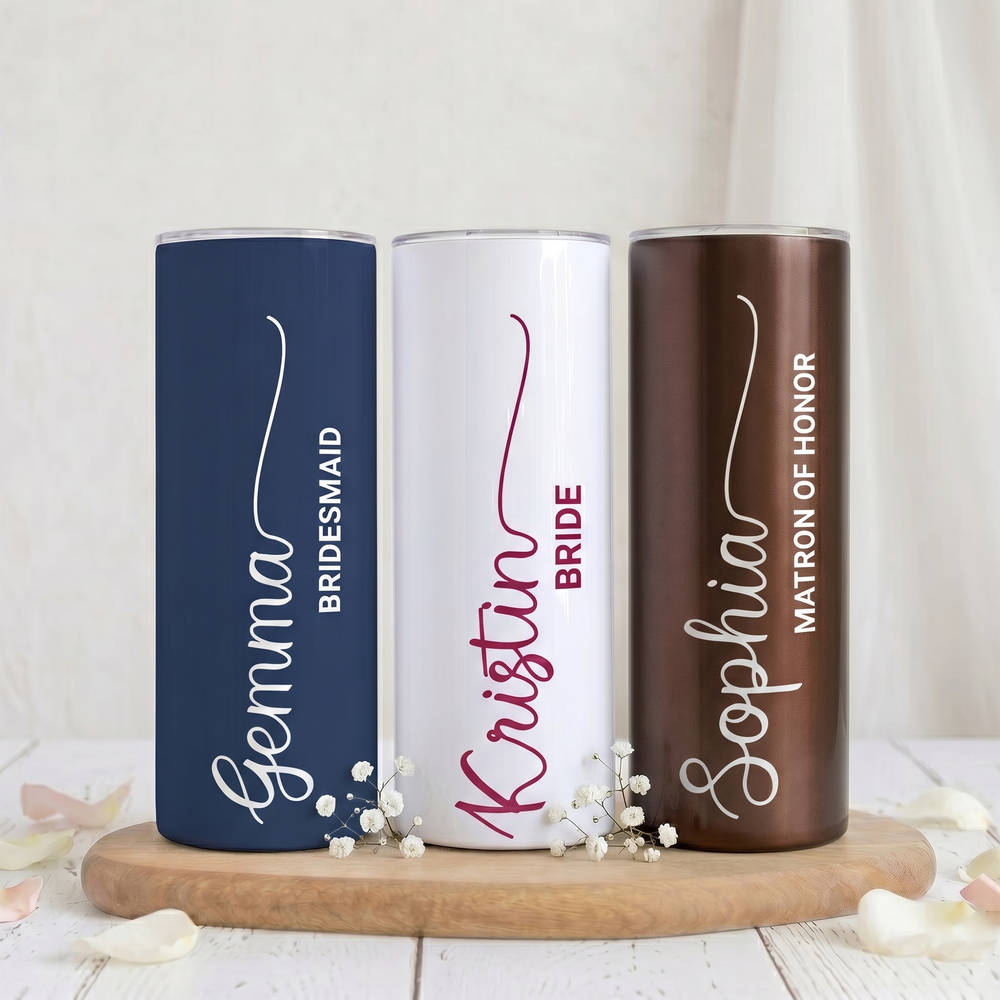 RodyThread Custom Personalized Bridesmaid Proposal Gift 20oz Skinny Tumbler For Bridal Party Minimalist Elegant Aesthetic Dusty Blue And White Insulated Stainless Steel Cup Custom Name Bachelorette Party Favor Gifts Box