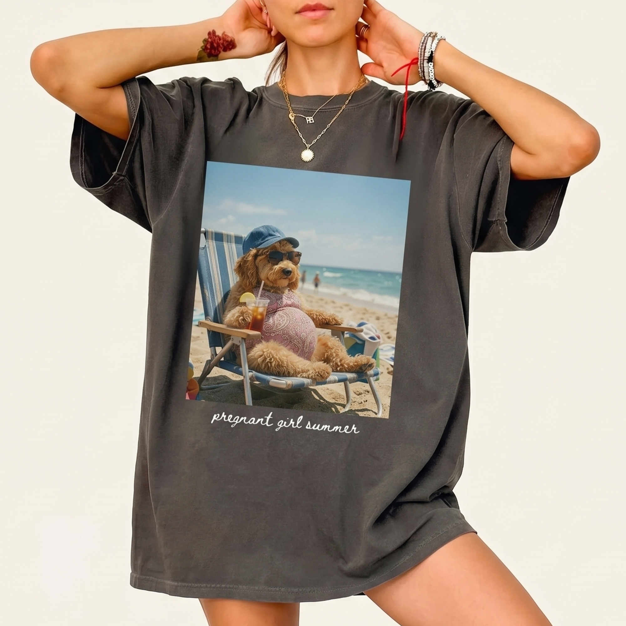 RodyThread Funny Pregnant Girl Summer Meme Graphic T-Shirt for Expecting Moms Goldendoodle Dog Meme Beach Vacation Aesthetic Butter Yellow Casual Basic Loose Fit Maternity Tee Pregnancy Baby Reveal Gift Gen Z Novelty Humor Top